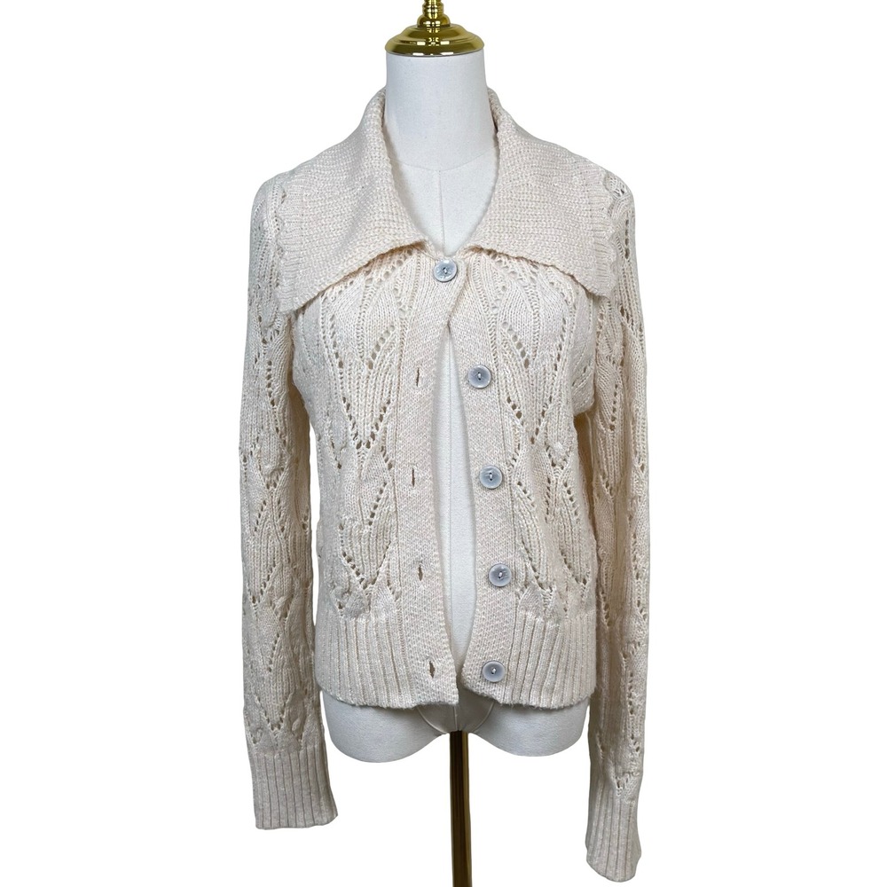 Sincerely Jules Cardigan‎ Sweater Women M Cream Pointelle Chunky Knit Collared